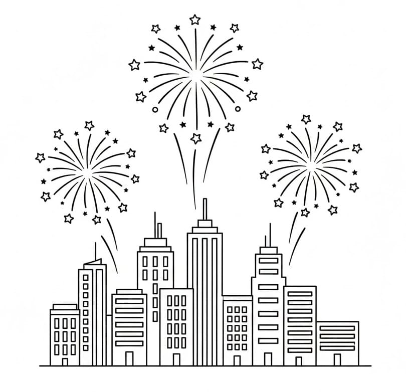 Målarbild Stad och fyrverkerier
