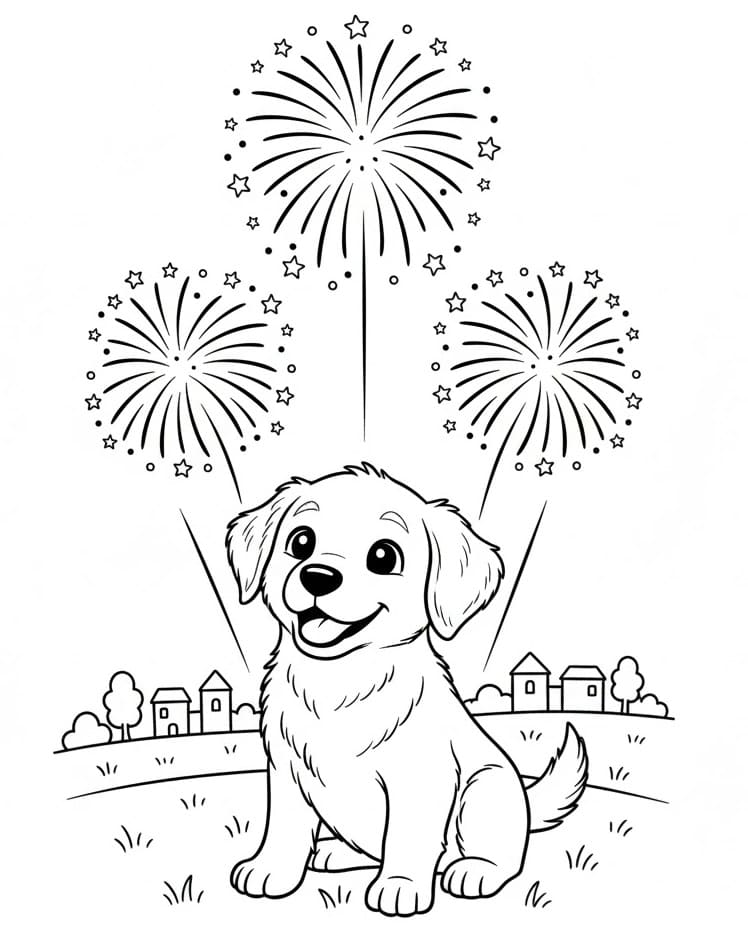 Målarbild Valp och fyrverkerier