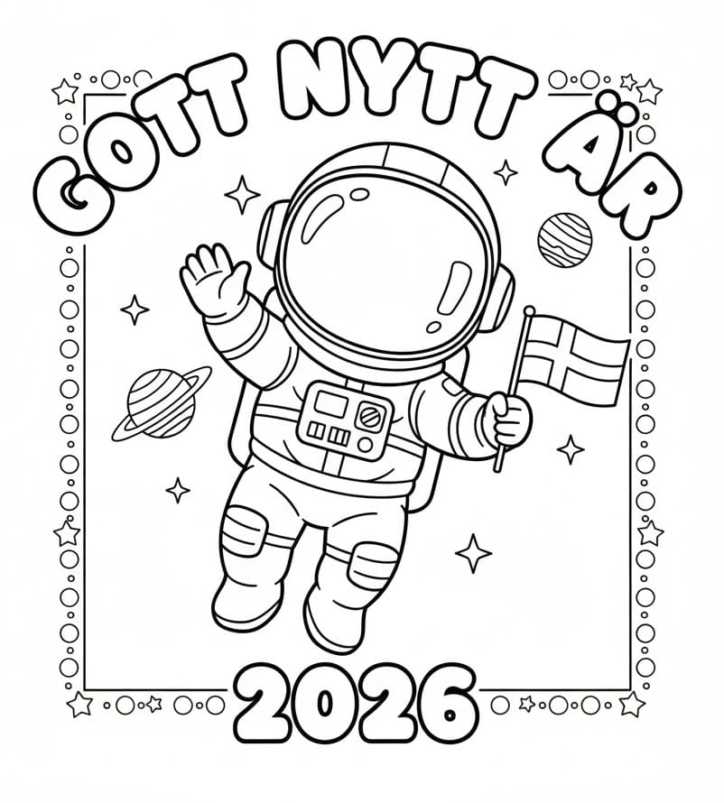 Målarbild Gott nytt år 2026 med astronaut