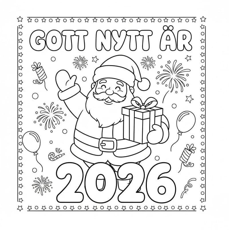 Målarbild Gott nytt år 2026 med jultomten