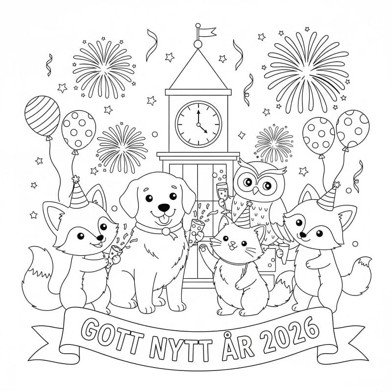 Målarbild Gratis Utskrivbar Gott Nytt År 2026