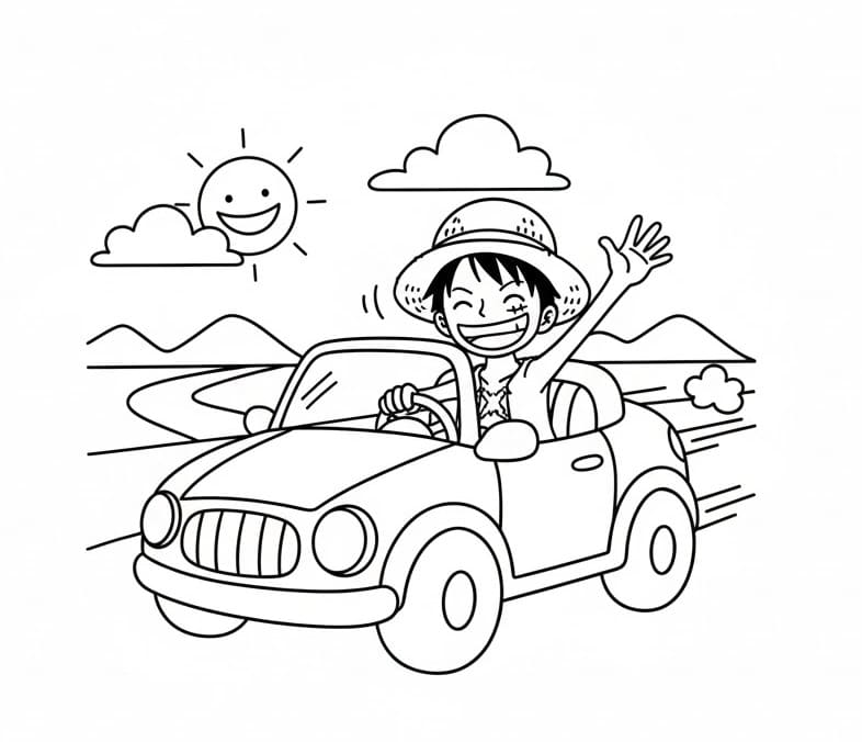 Målarbild Luffy kör bil