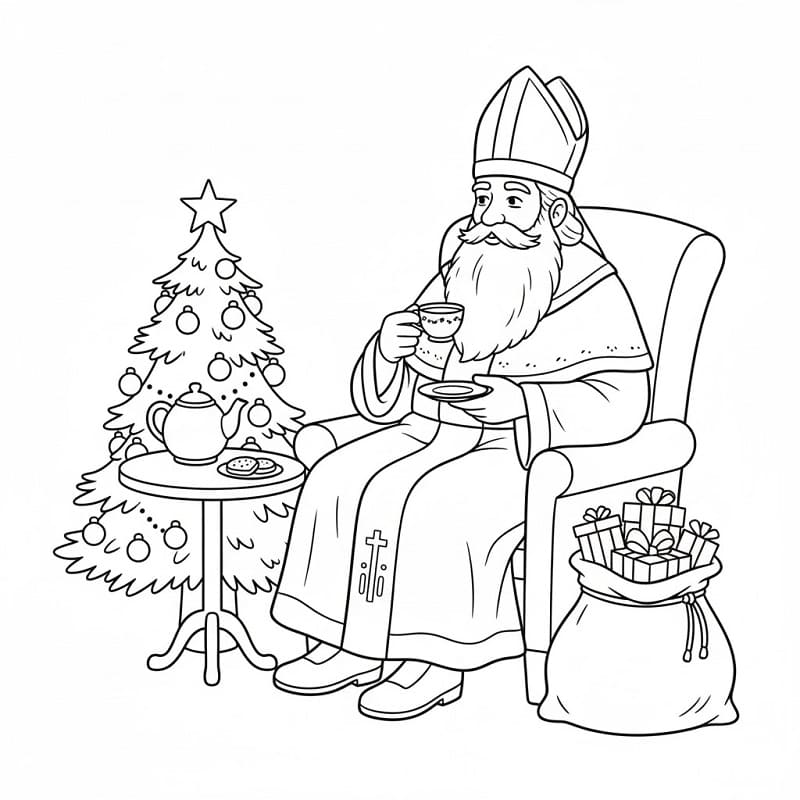 Målarbild Sankt Nikolaus dricker te