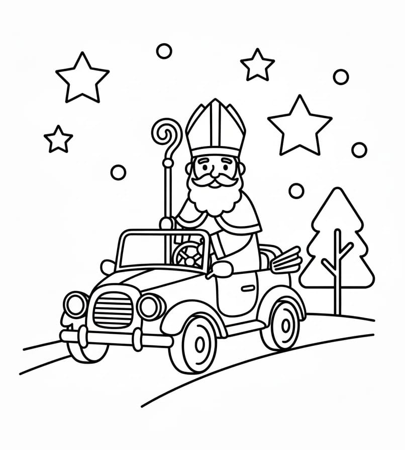 Målarbild Sankt Nikolaus kör bil