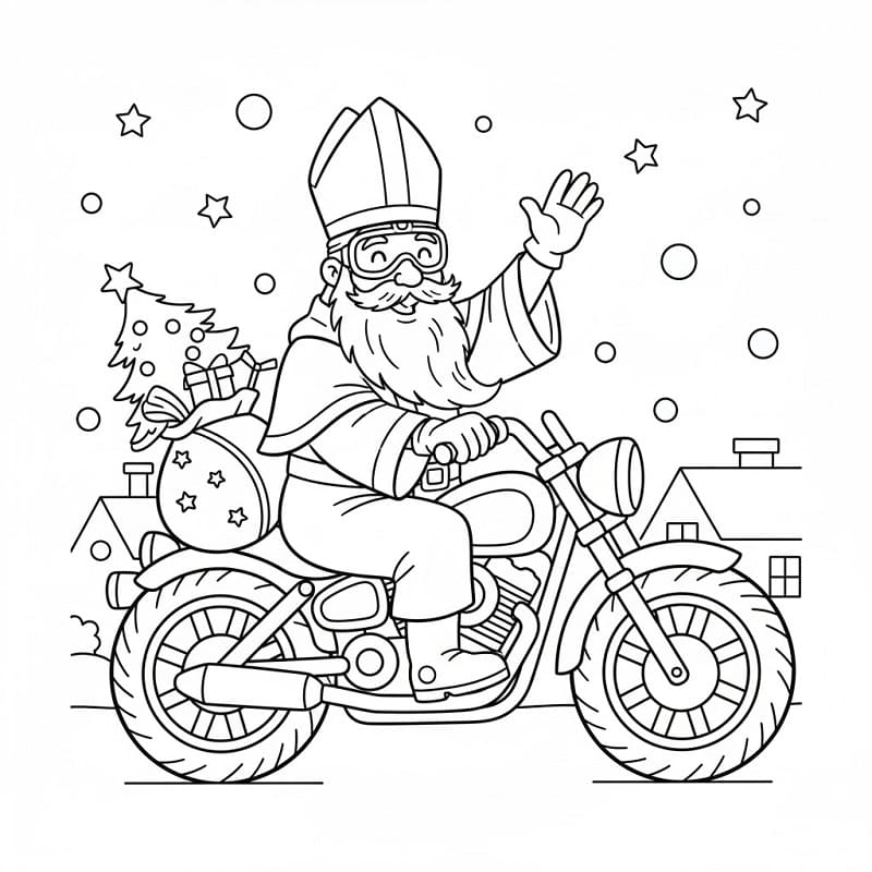 Målarbild Sankt Nikolaus kör motorcykel