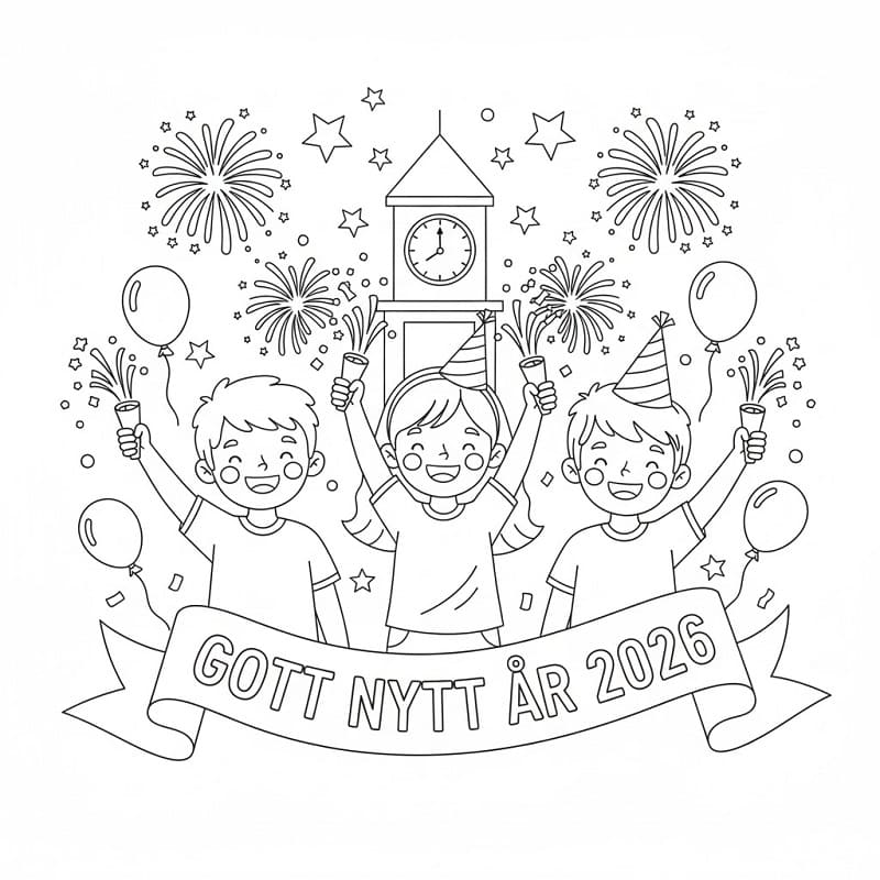 Målarbild Utskrivbar Gott Nytt År 2026 för Barn
