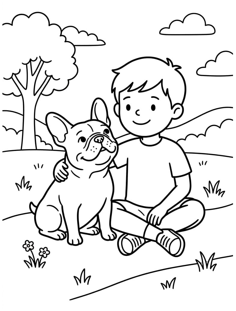 Målarbild En Pojke och Fransk Bulldogg