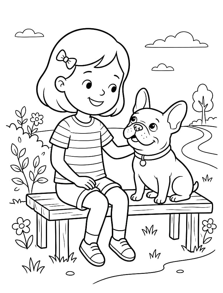 Målarbild Flicka och Fransk Bulldogg