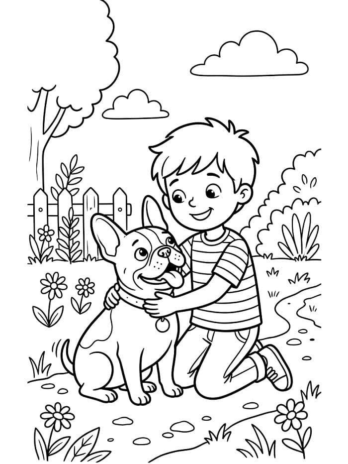 Målarbild Pojke och Fransk Bulldogg