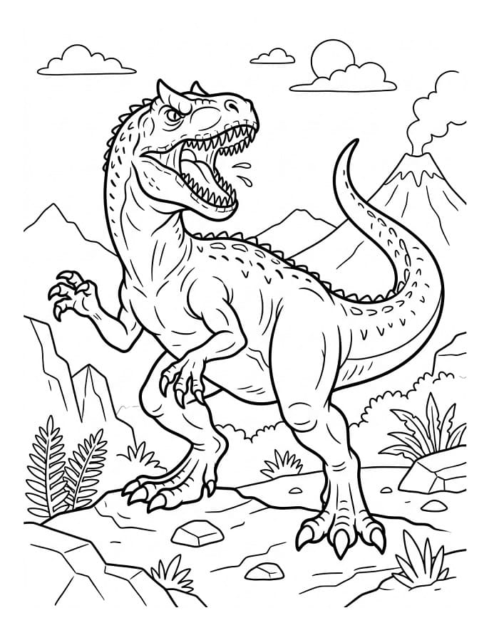 Målarbild Allosaurus och vulkan