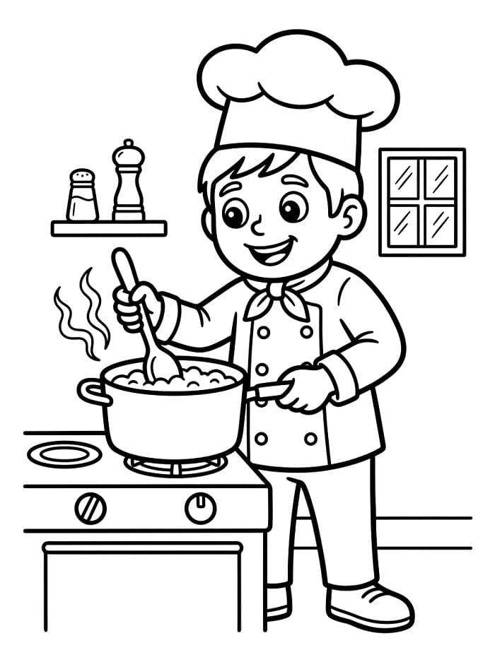 Målarbild En kock lagar mat i köket