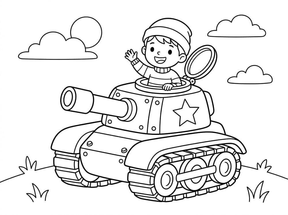 Målarbild En pojke i en stridsvagn