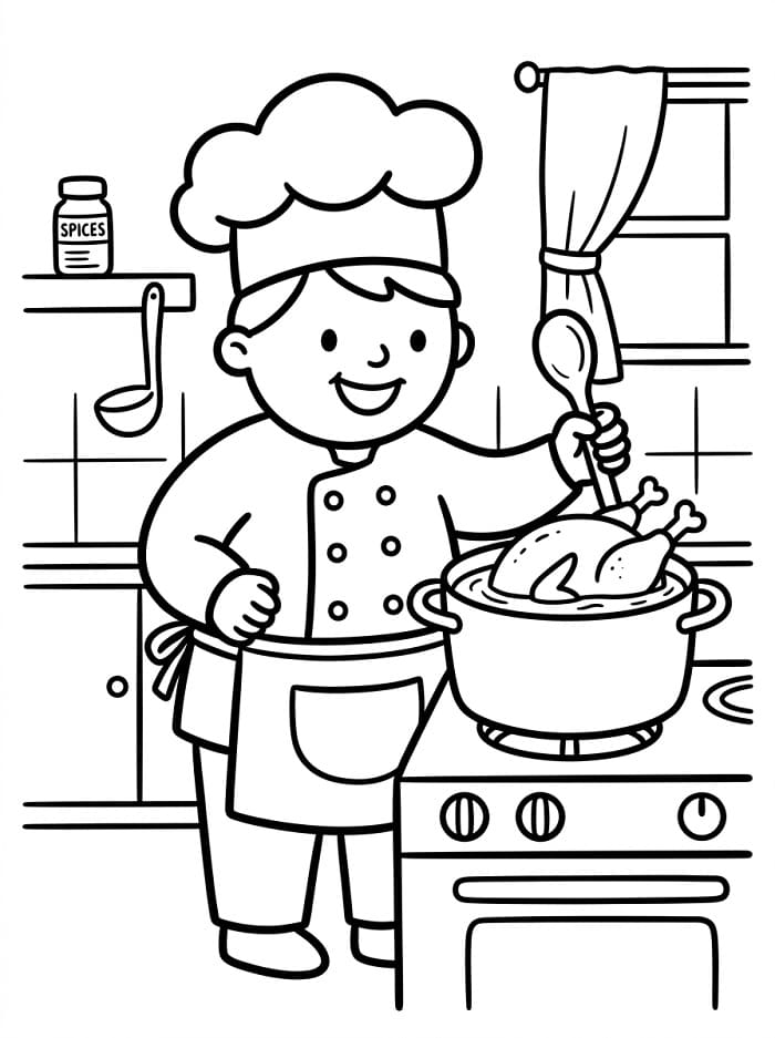Målarbild Kock i köket och lagar mat
