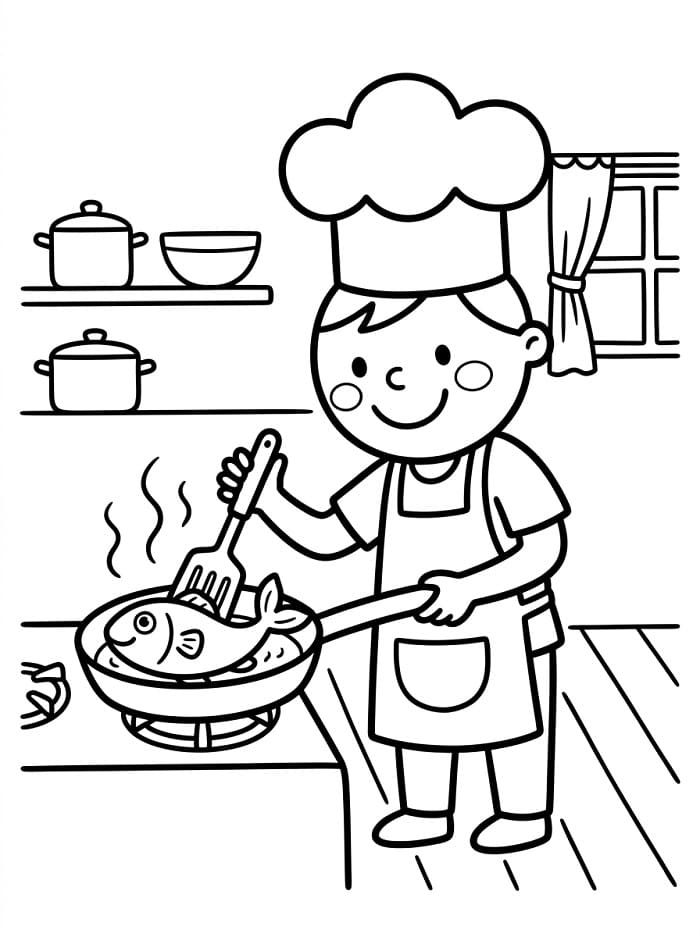 Målarbild Kocken lagar fisk