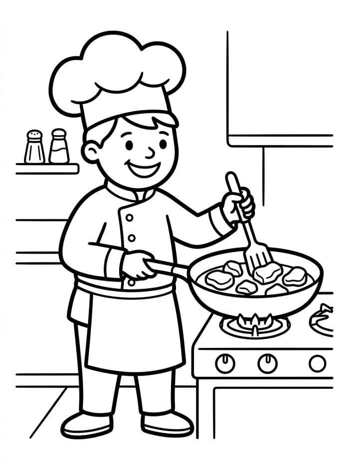 Målarbild Kocken lagar mat i köket