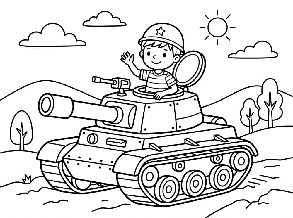 Målarbild Pojke i en stridsvagn