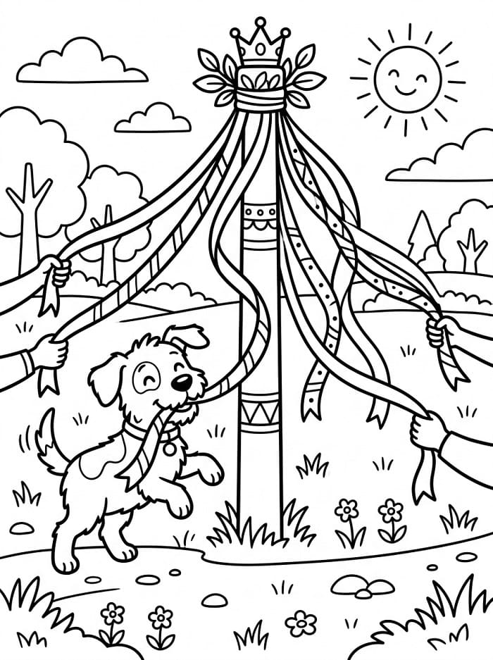 Målarbild En Hund och Midsommarstång