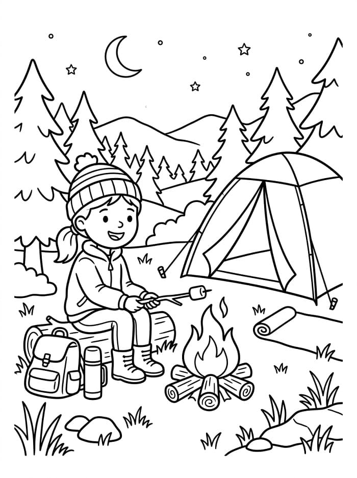 Målarbild En flicka går på camping