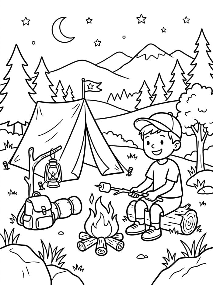 Målarbild En pojke går på camping
