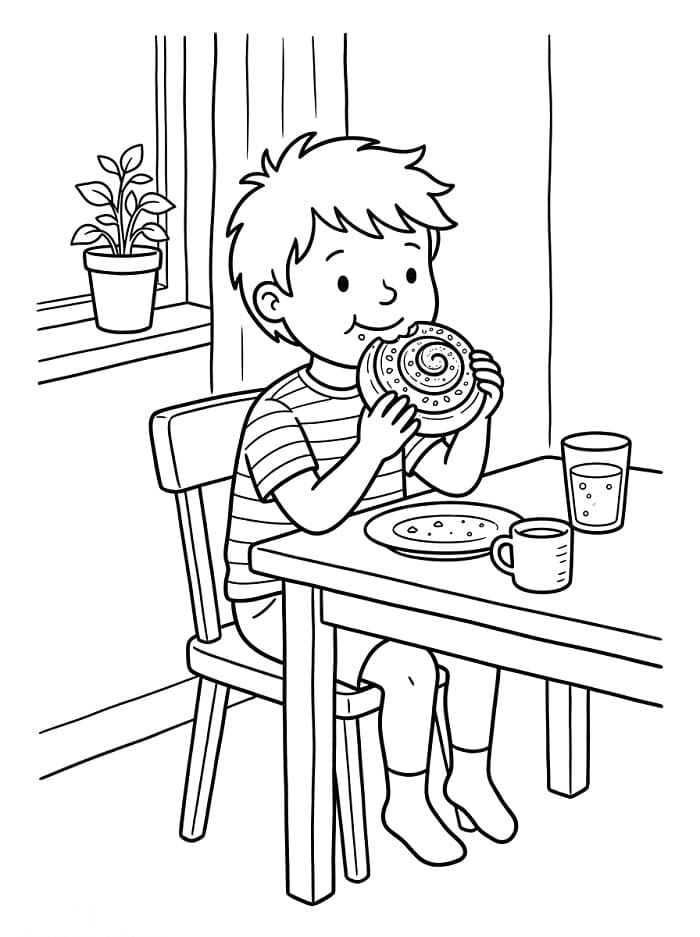 Målarbild En pojke som äter kanelbulle