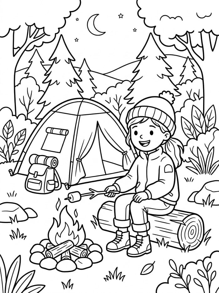 Målarbild Flicka som campar i skogen