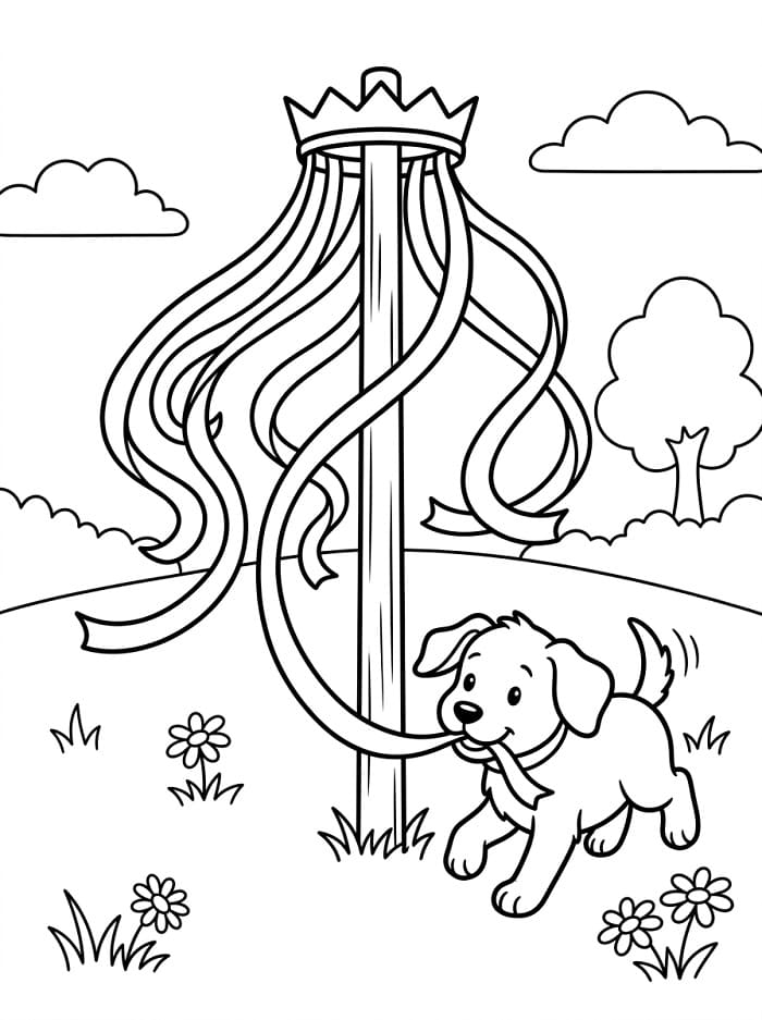 Målarbild Hund och Midsommarstång