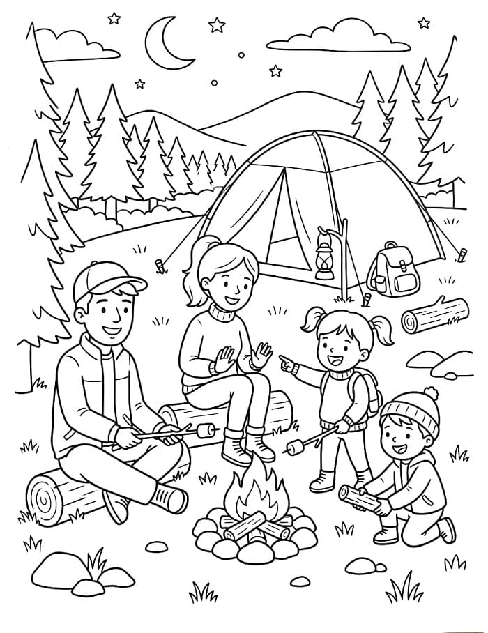 Målarbild Lycklig familj åker på camping