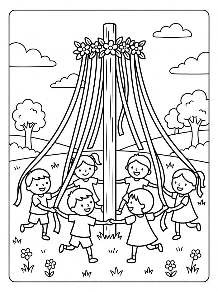Målarbild Midsommarstång och Barn