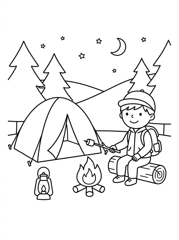 Målarbild Pojke på camping