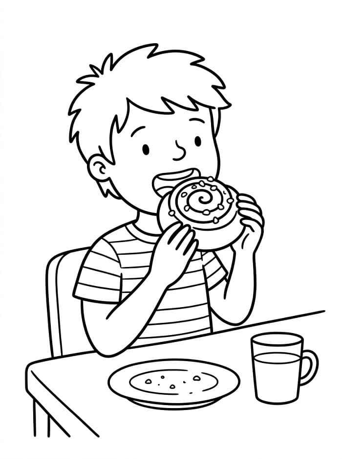 Målarbild Pojke som äter kanelbulle