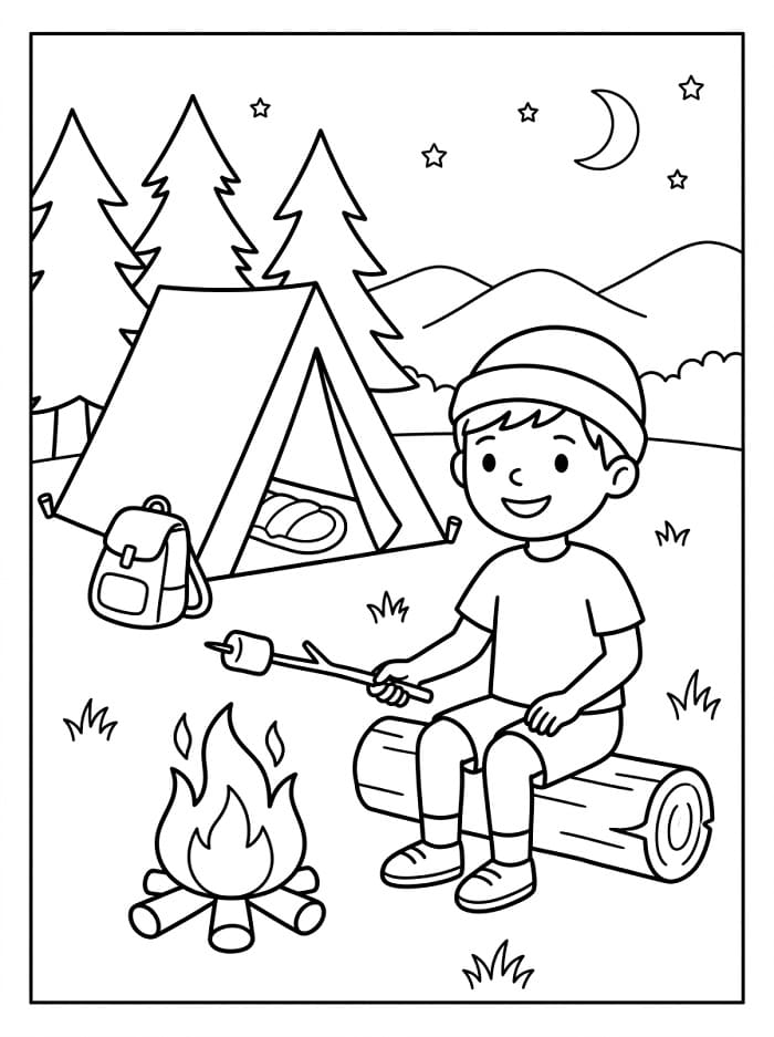 Målarbild Pojken går på camping