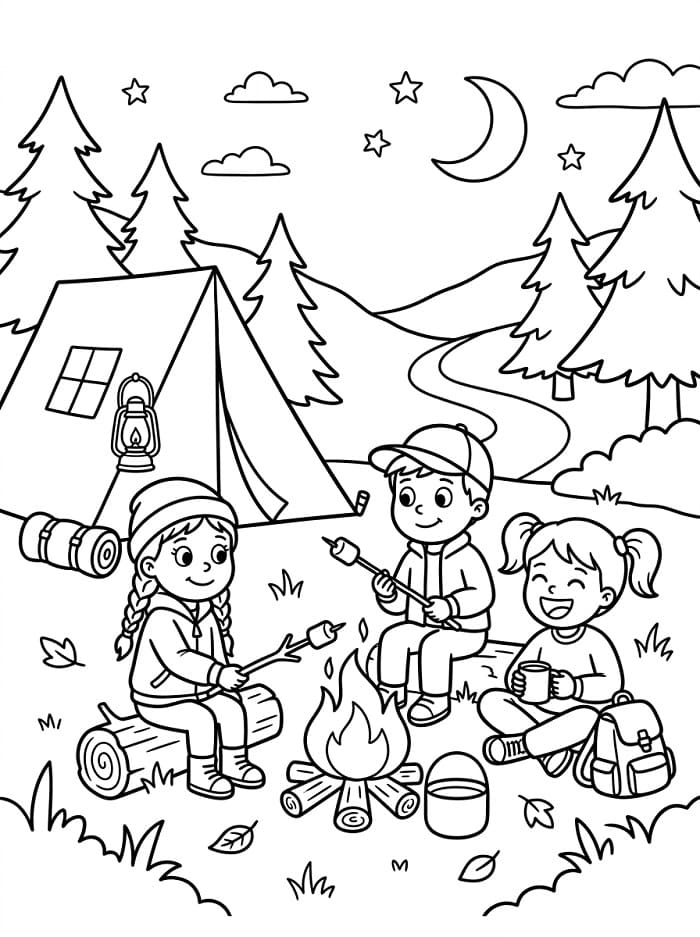 Målarbild Små barn åker på camping