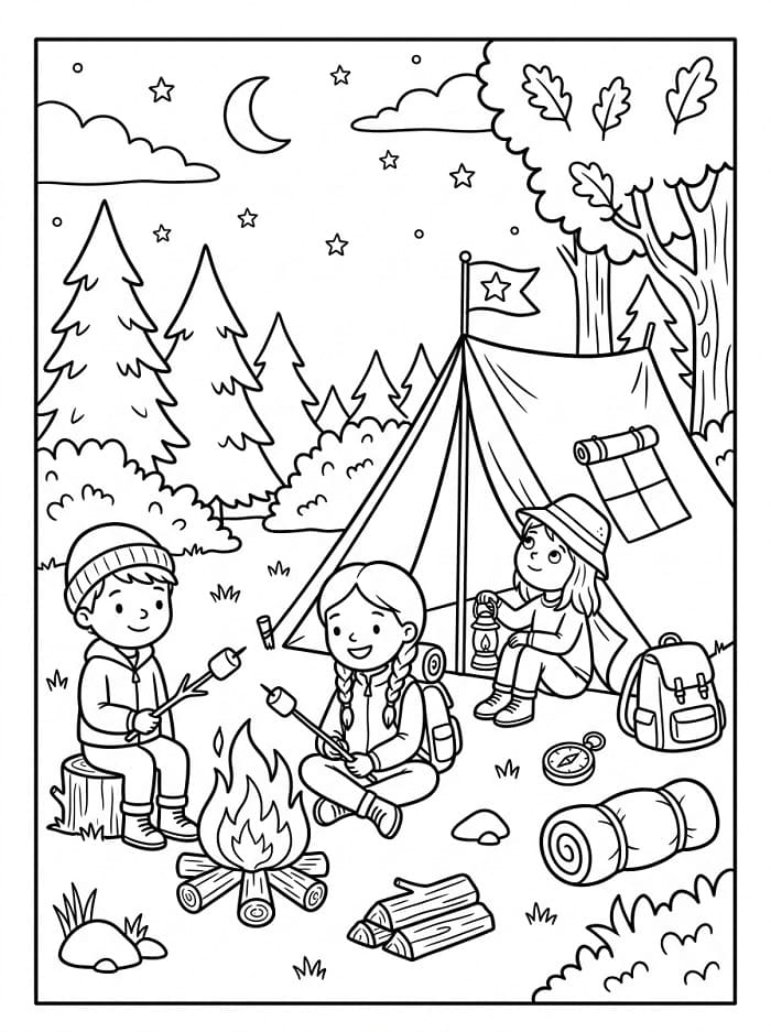 Målarbild Små vänner åker på camping