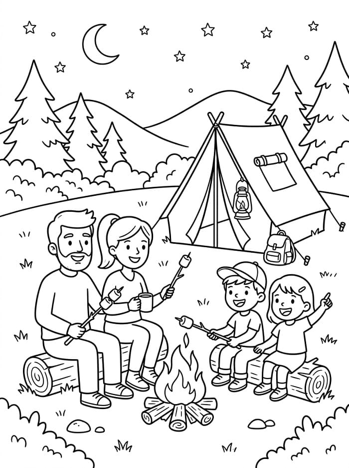 Målarbild Söt familj åker camping