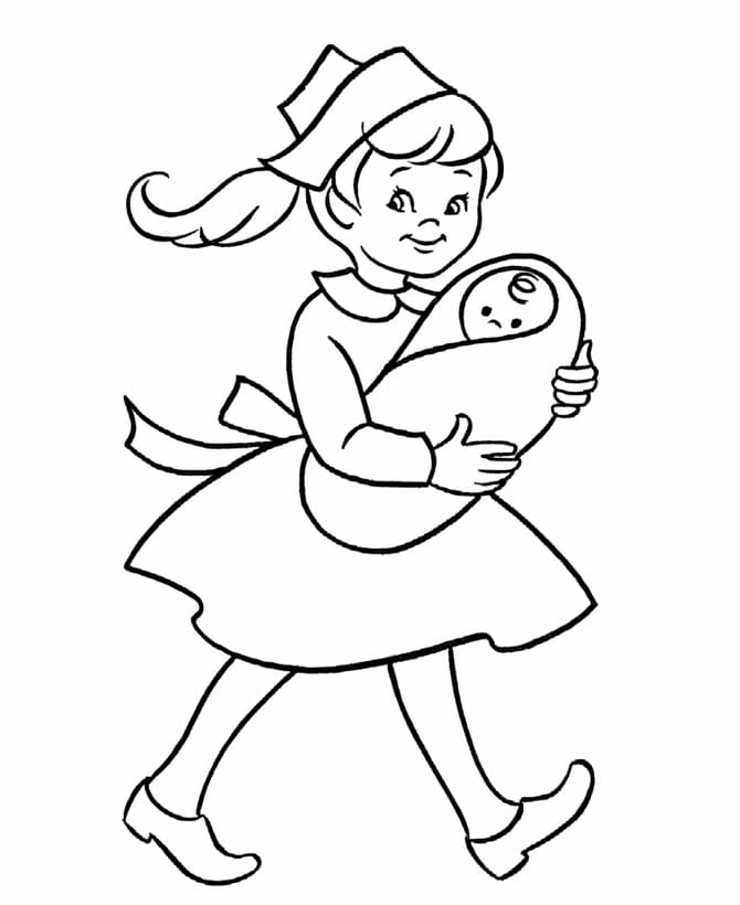Målarbild Söt sjuksköterska och bebis