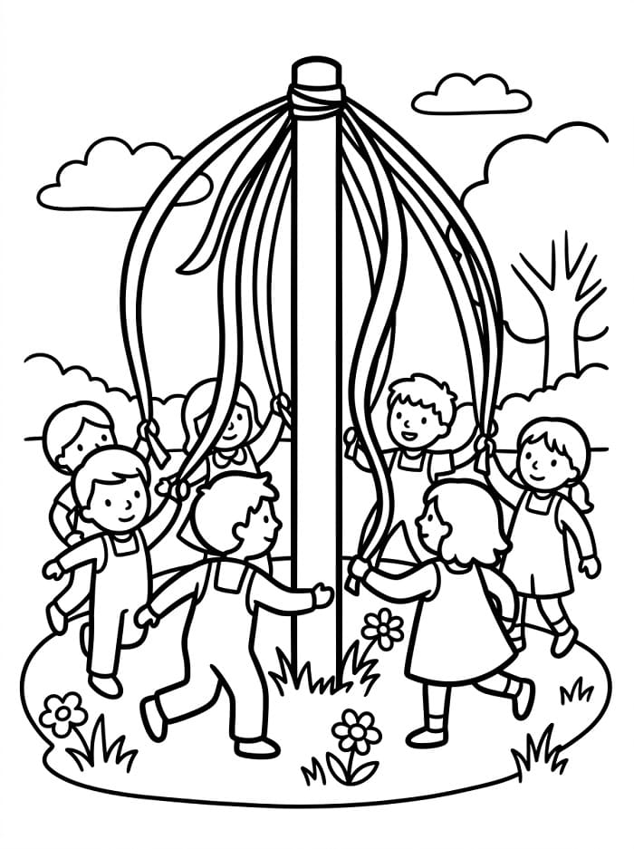 Målarbild Söta barn och Midsommarstång