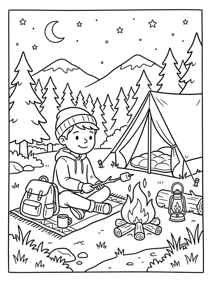 Målarbild Tonårspojke åker på camping
