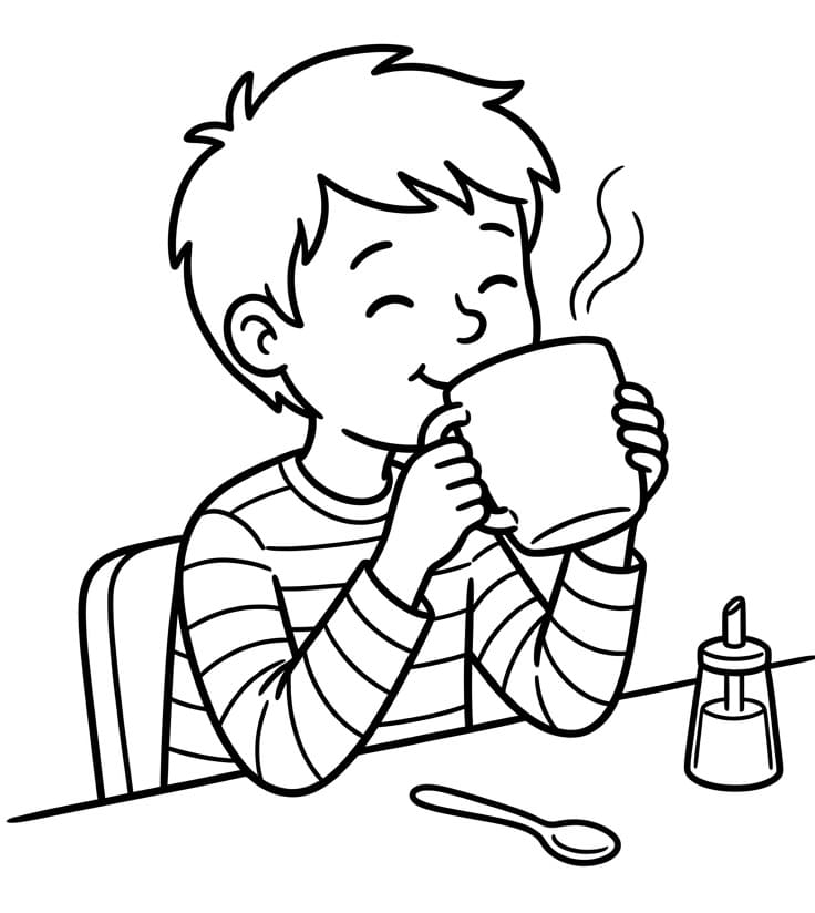 Målarbild En pojke dricker kaffe
