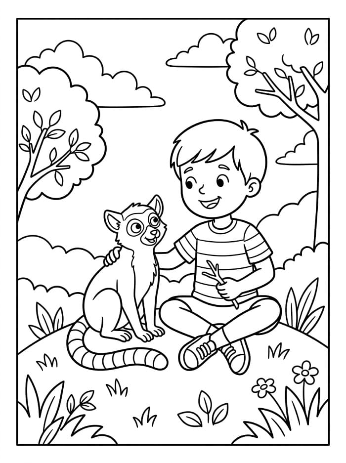 Målarbild En pojke med lemur