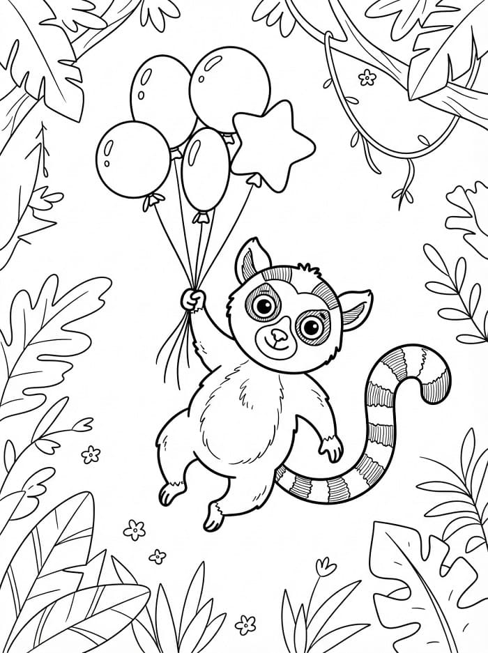 Målarbild Lemur och ballonger