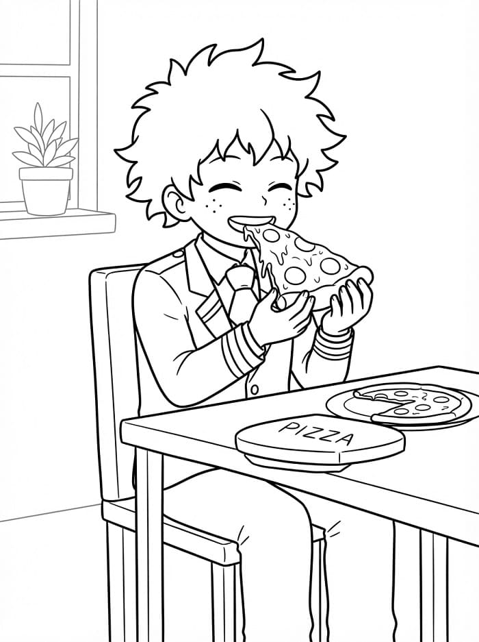 Målarbild Midoriya äter pizza
