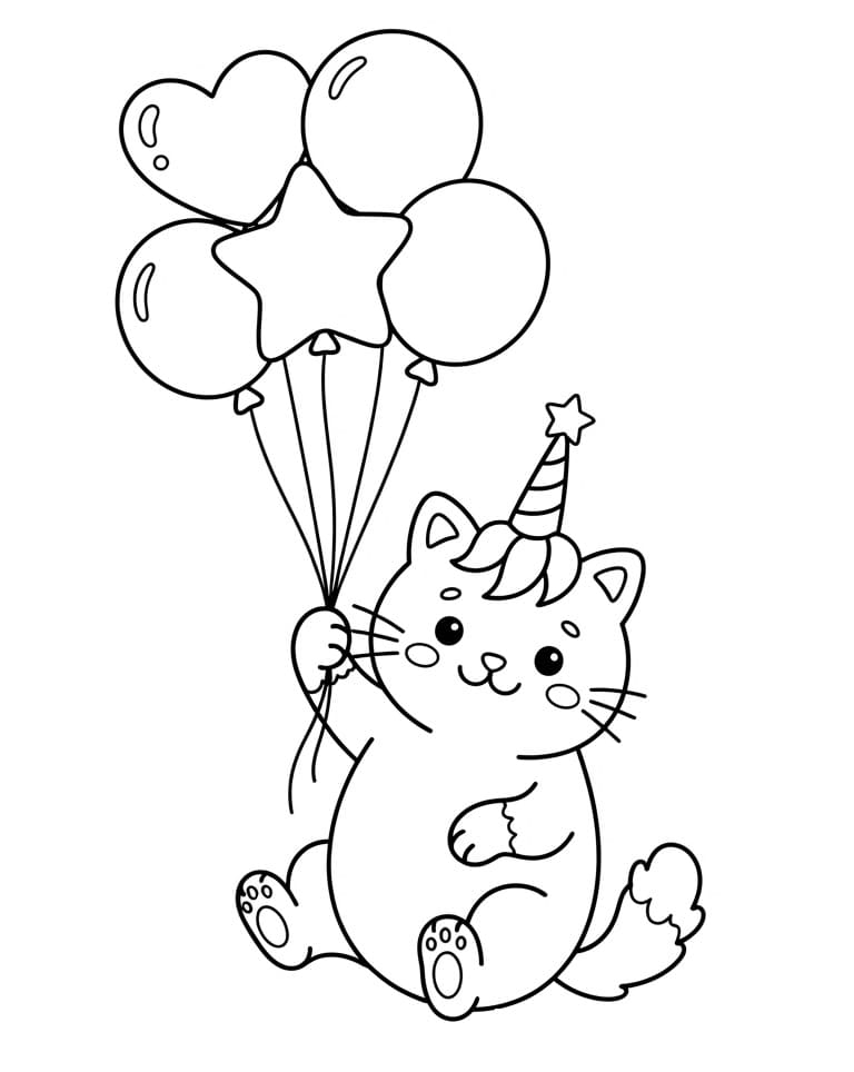 Målarbild Enhörningskatt med ballonger