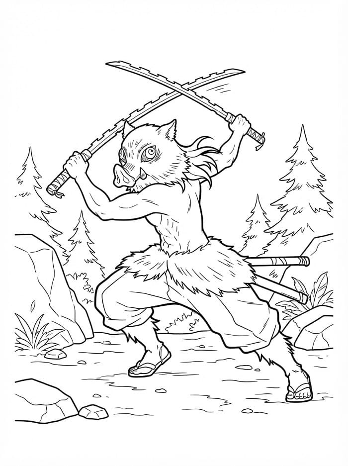 Målarbild Inosuke Hashibira slåss