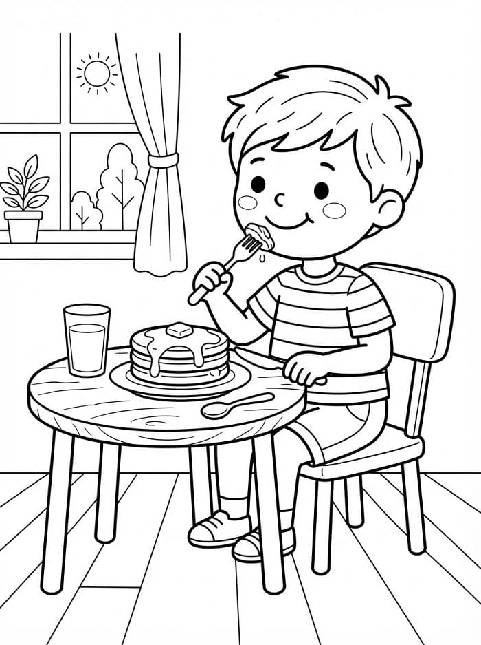 Målarbild Pojken äter pannkaka