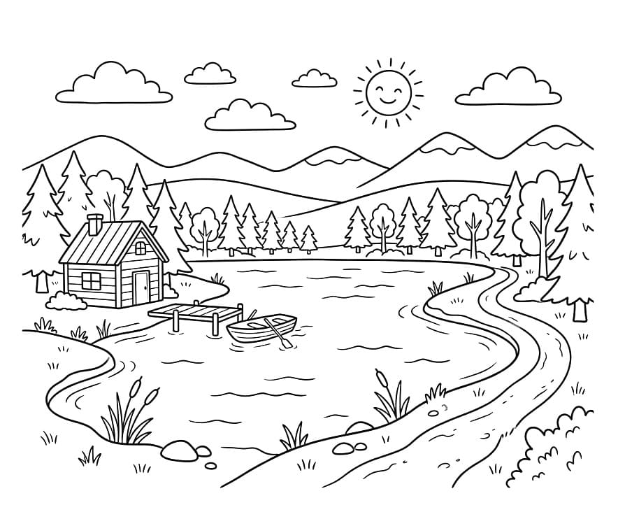 Målarbild Sjö och hus