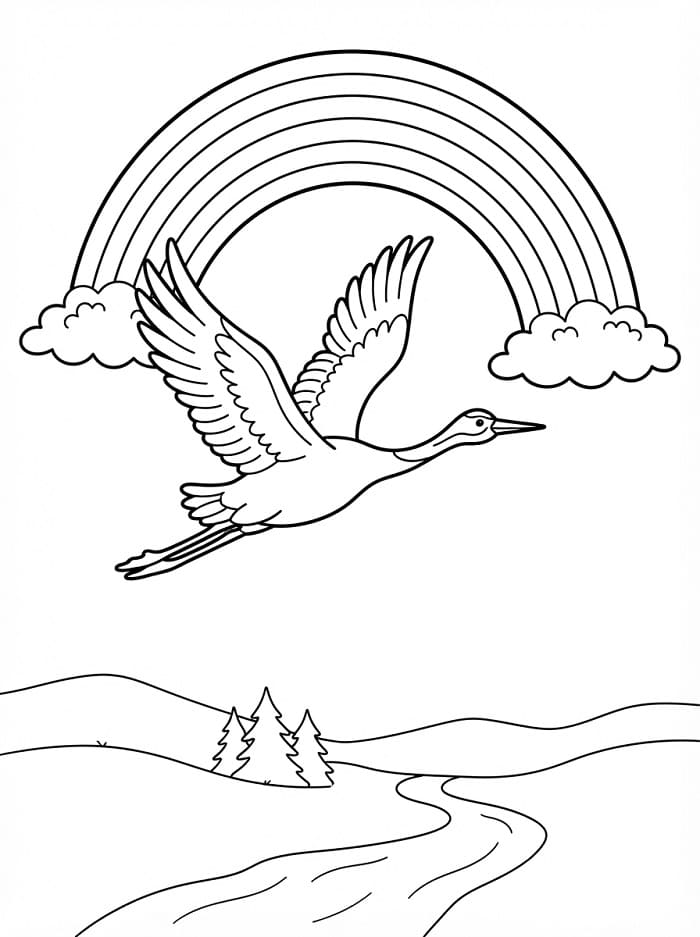 Målarbild Trana och regnbåge
