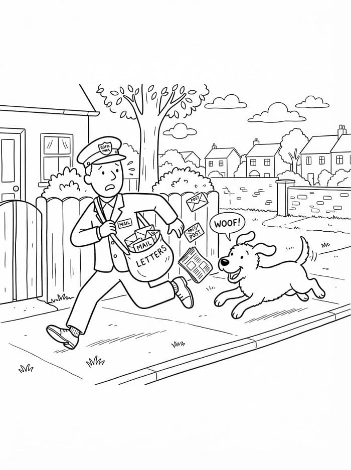 Målarbild Hund som jagar brevbäraren