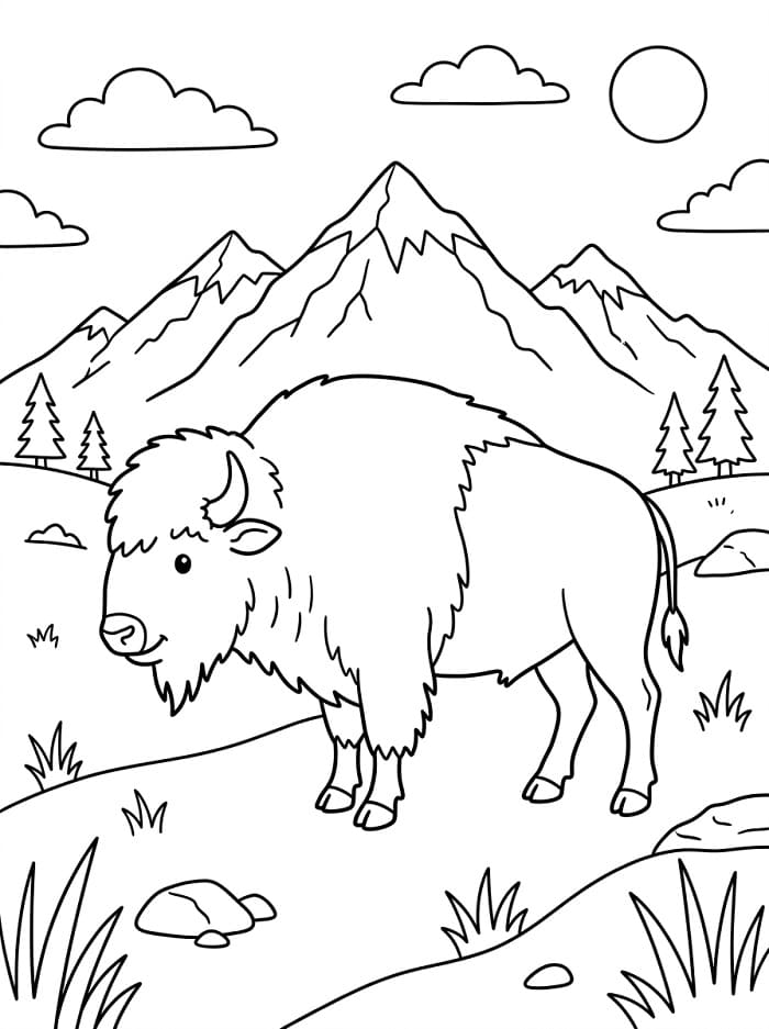 Målarbild Bison på berg