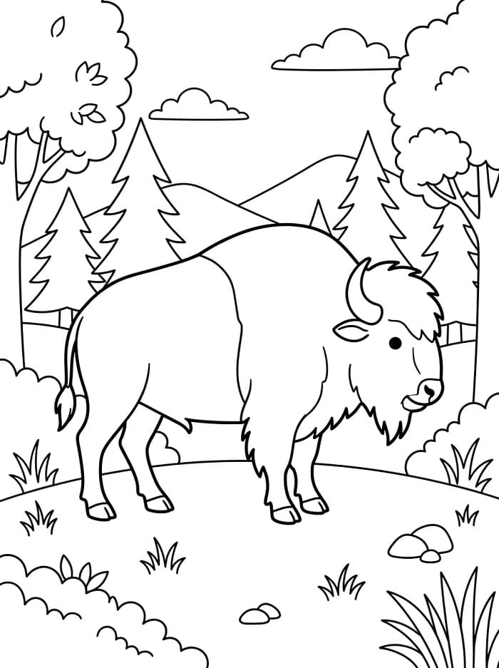 Målarbild Bisonoxar i skogen