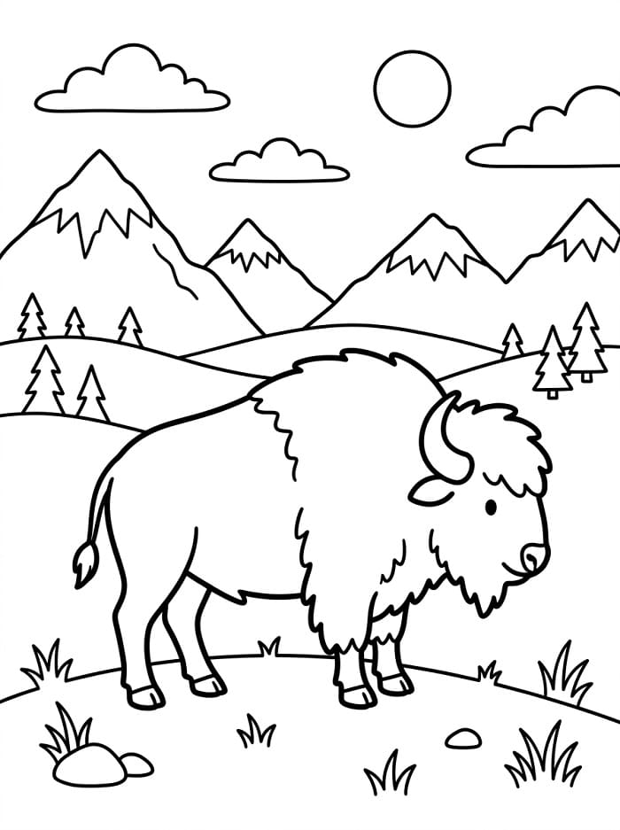 Målarbild Bisonoxar och berg